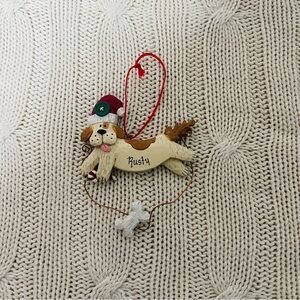 Christmas Tree Flying Dog Bone with Name “Rusty” Ornament Wearing a Santa  Hat